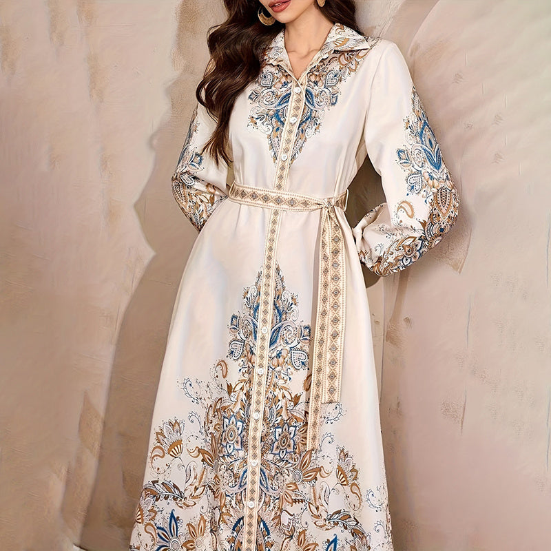 Boho Escape Belted Elegant Dress - Tie Waist, Long Sleeves, Vacation & Party Dress