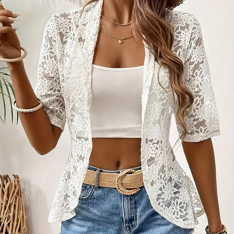 Floral Lace 3/4 Sleeve Bolero Shrug – Sheer Open Cardigan