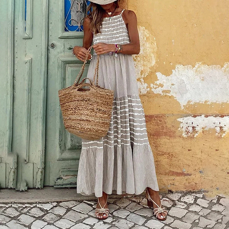 Vacation Vibes Halter Neck Sleeveless Dress - Casual Loose Striped Summer Vacation Maxi Dress