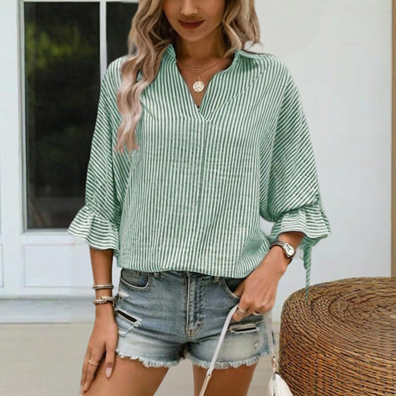 Striped V-Neck Ruffle Sleeve Blouse