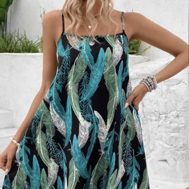 Sunset Bloom Square Neck Dress - Adjustable Slim Shoulder Strap Summer Dress