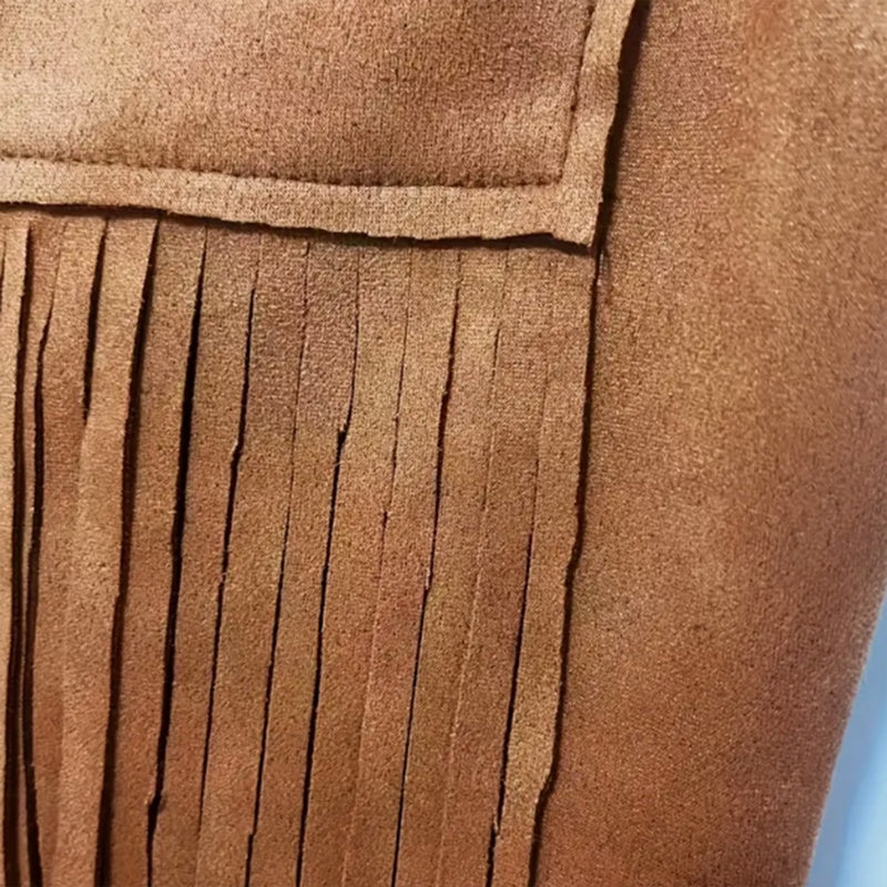 Close-up of brown suede fringe Jumpsuit
