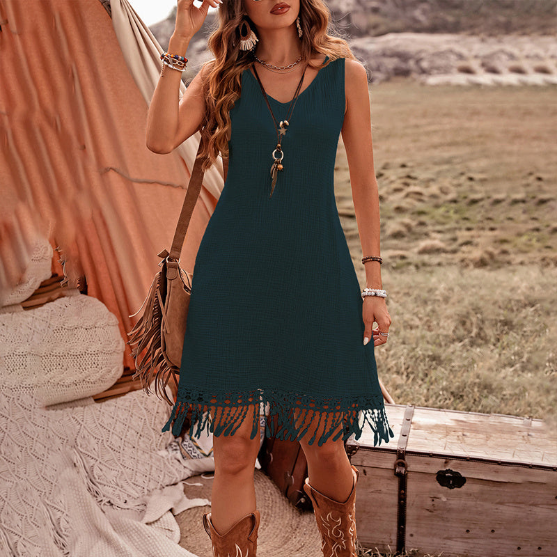 Boho Breeze Cotton Fringe Dress - V-Neck Sleeveless Summer Dress