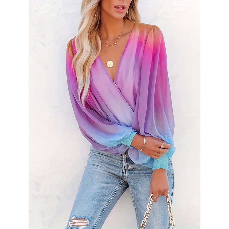 Pastel V-Neck Gradient Color Long Sleeve Top - Summer Casual Loose Puff Sleeve Chiffon Blouse