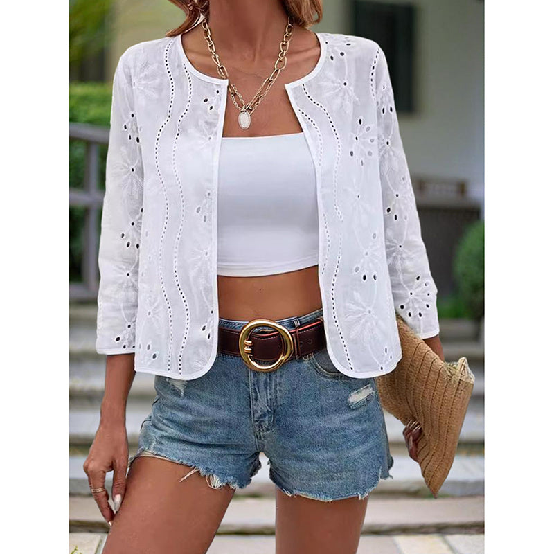 Women's Summer Hollow Knit Cardigan – Lightweight Open Front Floral Shrug