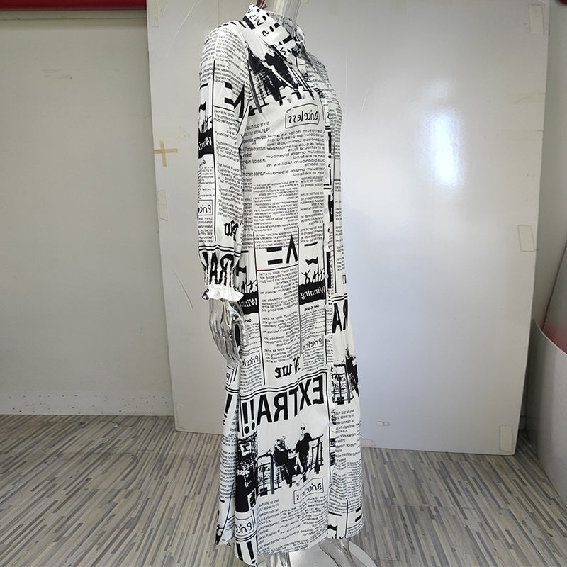 Newspaper Print Long Sleeve Shirt Dress – Trendy Button Down Casual Dress