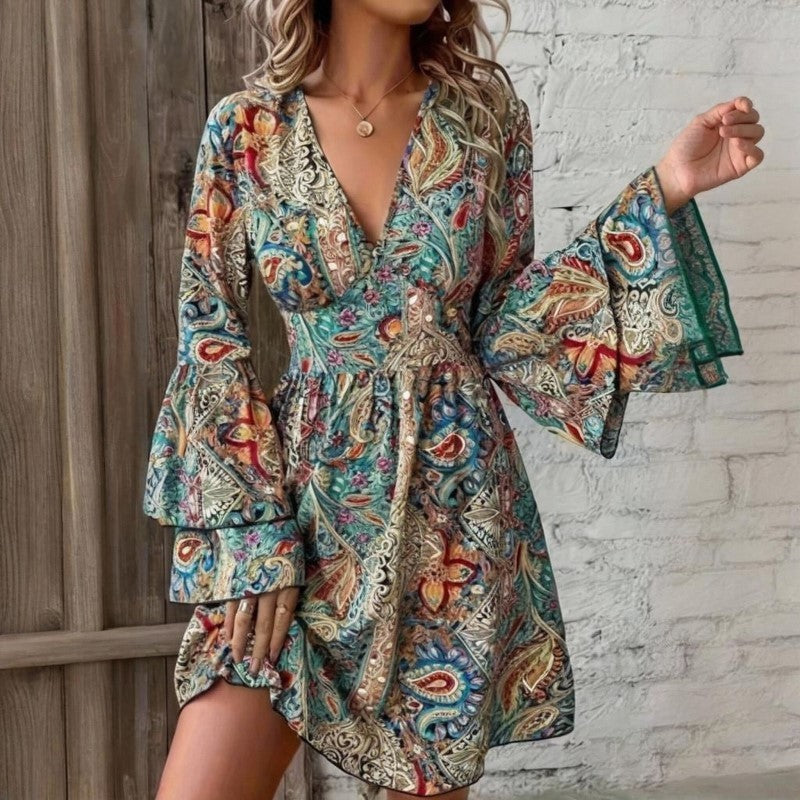 Seaside Escape Floral Print Bell Sleeve A-Line Summer Dress