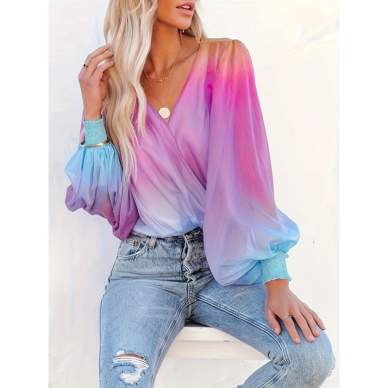 Pastel V-Neck Gradient Color Long Sleeve Top - Summer Casual Loose Puff Sleeve Chiffon Blouse