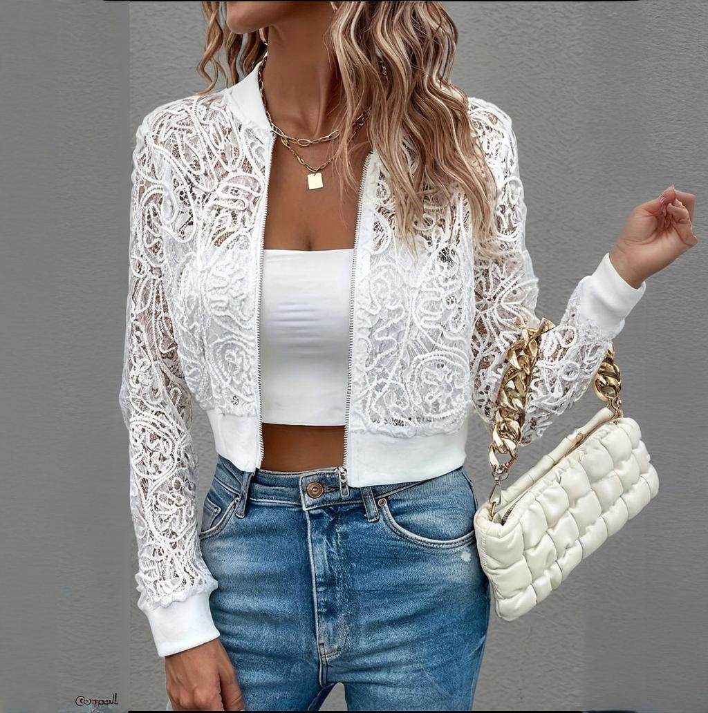 Elegant Lace Zip-Up Cropped Jacket – Feminine & Versatile Top