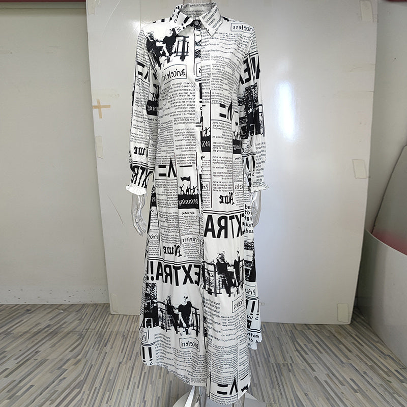 Newspaper Print Long Sleeve Shirt Dress – Trendy Button Down Casual Dress