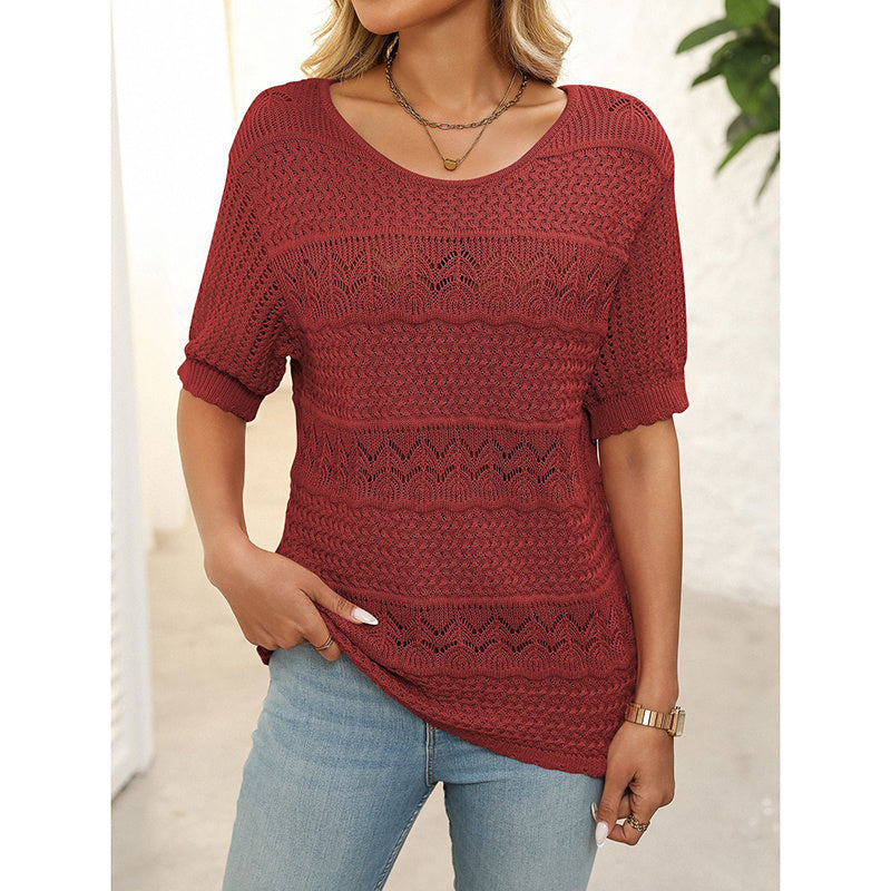 Boho Crochet Knit Sweater Top – Short Sleeve Hollow Out Blouse