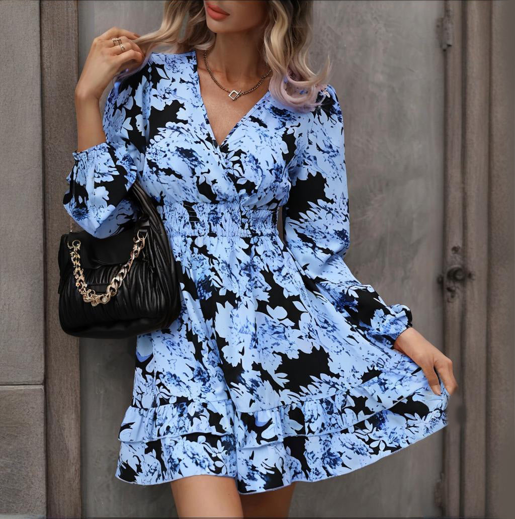 Elegant Printed Lantern Sleeve A-Line Flowy Midi Dress  V-Neck & Ruffle Waist