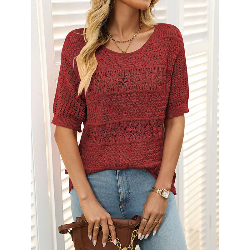 Boho Crochet Knit Sweater Top – Short Sleeve Hollow Out Blouse