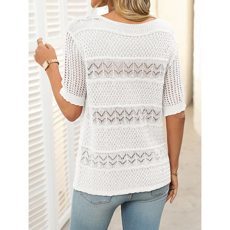 Boho Crochet Knit Sweater Top – Short Sleeve Hollow Out Blouse