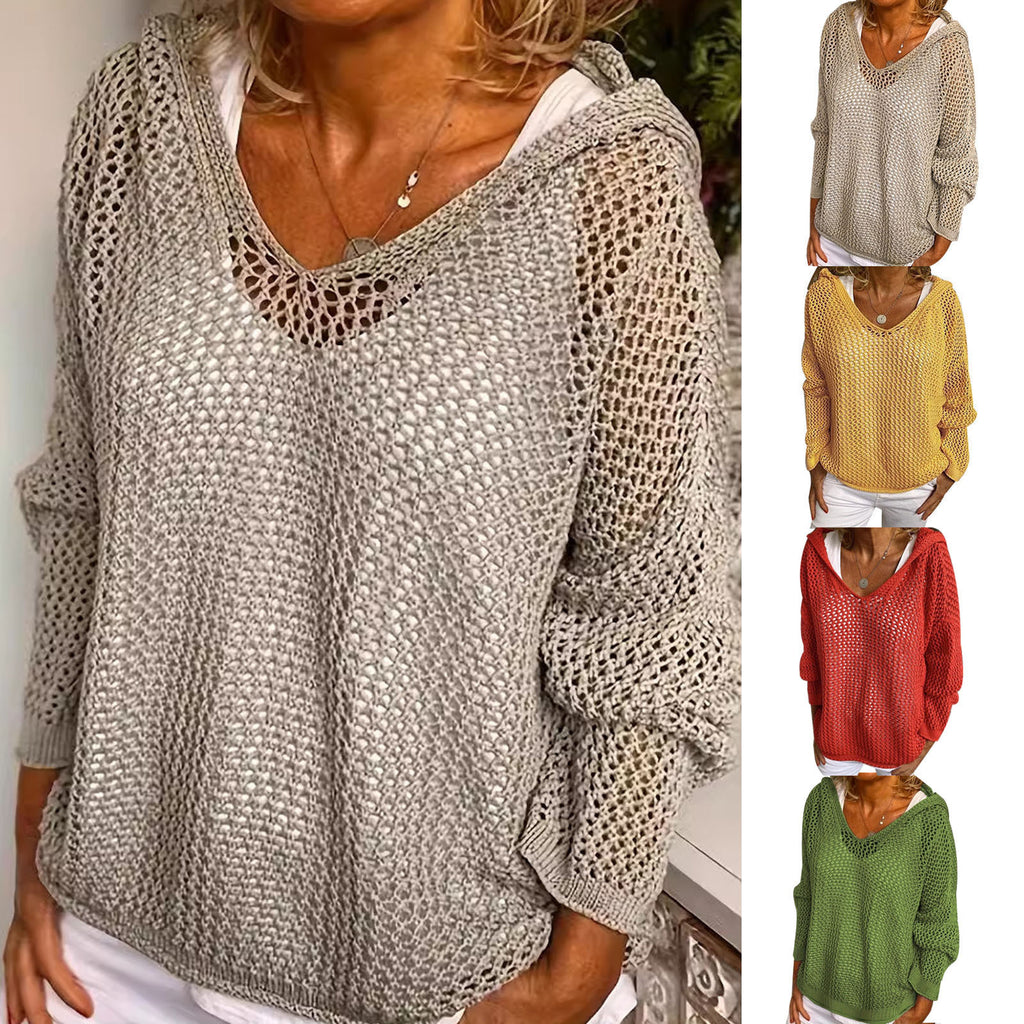 Simply Cozy Knit V-Neck Sweater - Casual Long Sleeve Pullover Hoodie