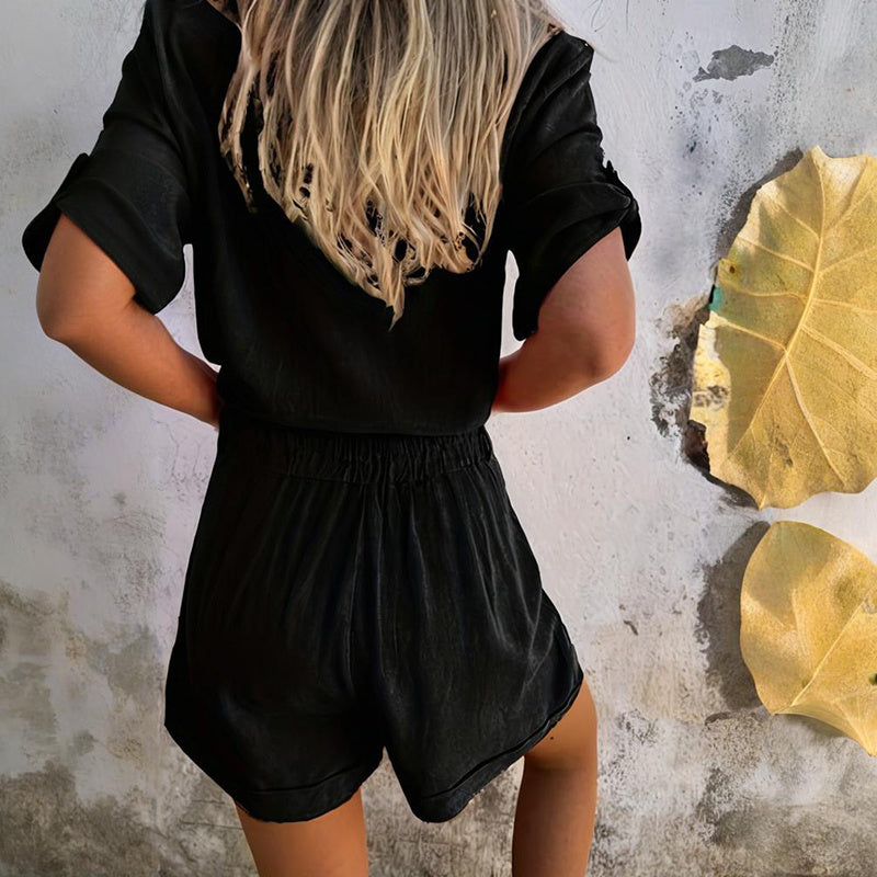 Chic Lapel Short Sleeve Two-Piece Set