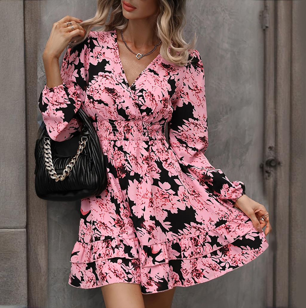 Elegant Printed Lantern Sleeve A-Line Flowy Midi Dress  V-Neck & Ruffle Waist