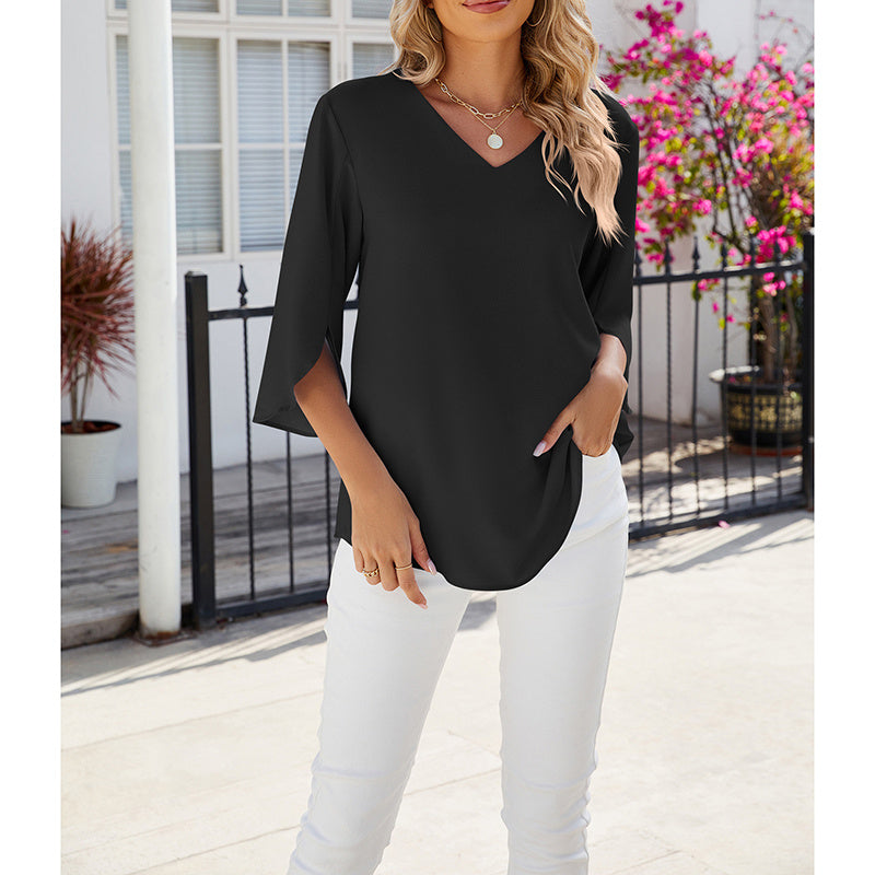 Breeze & Grace Chiffon Tunic Blouse - Casual Loose V-Neck Top