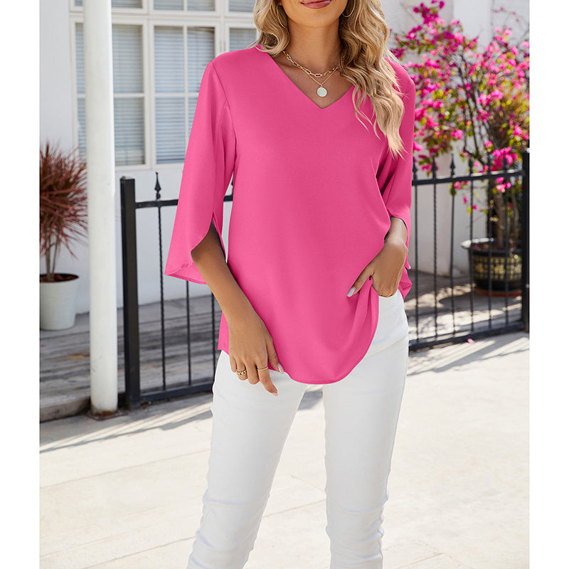 Breeze & Grace Chiffon Tunic Blouse - Casual Loose V-Neck Top