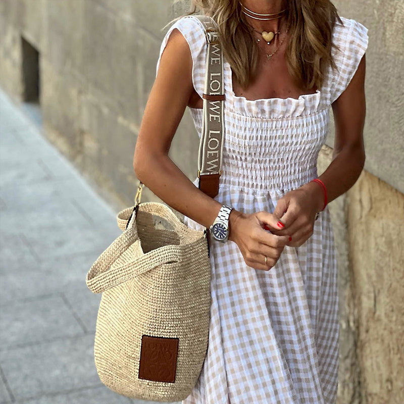 City Stroll Ruffle Dress - Effortless Elegance Square Neck A-Line Dress With Plaid Print