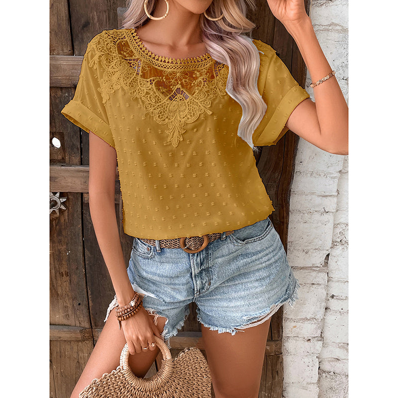 Lace Floral Summer Blouse – Casual Short Sleeve Top